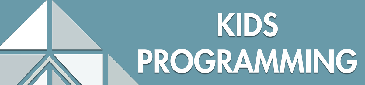 Teal background with white text saying 'Kids Programming' next to a geometric triangle design. Clean and informative tone.